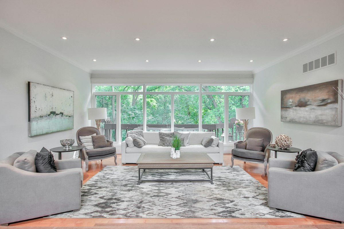 Bright living room with a large patterned area rug on a wood floor