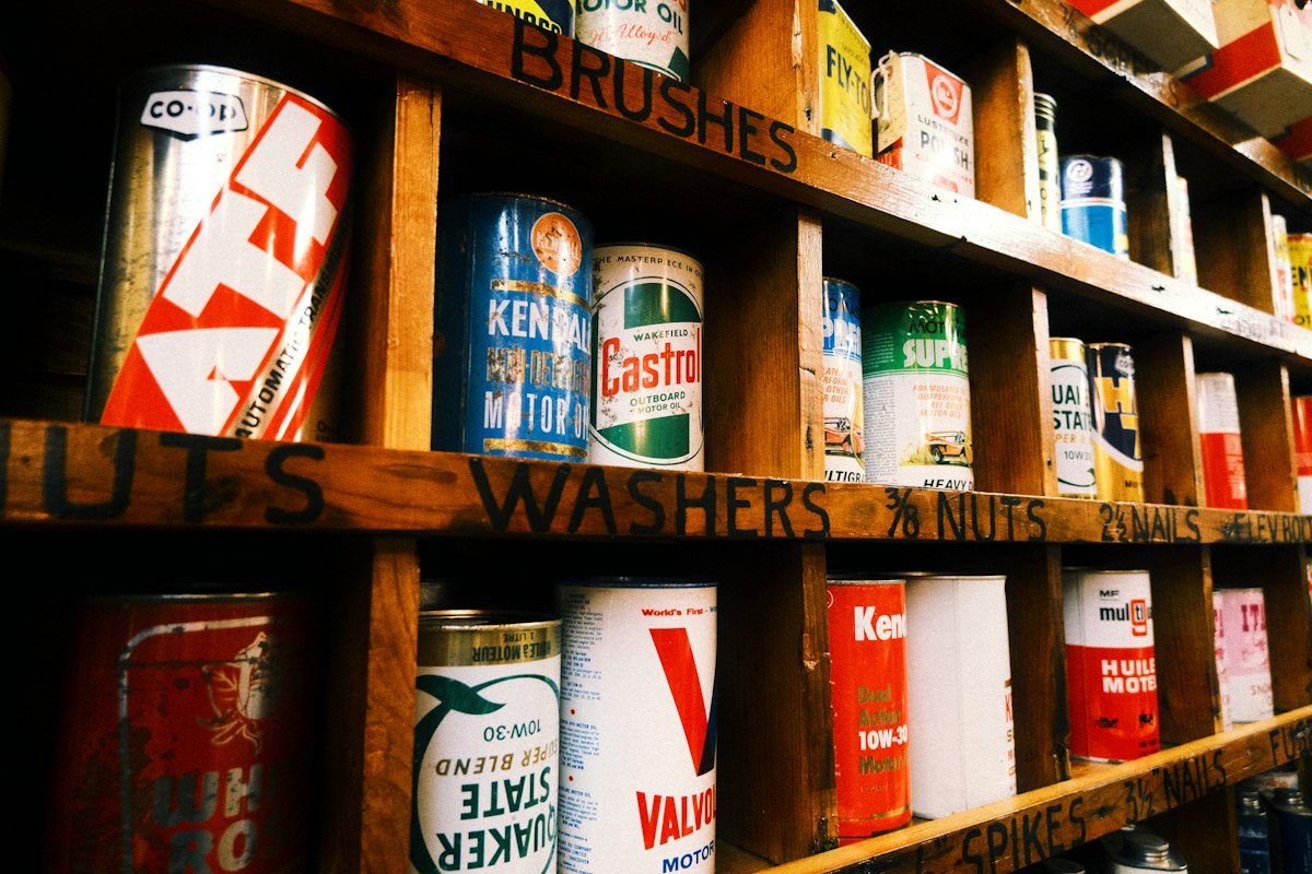 Wooden cubby shelves stocked with kitchen cans and jars